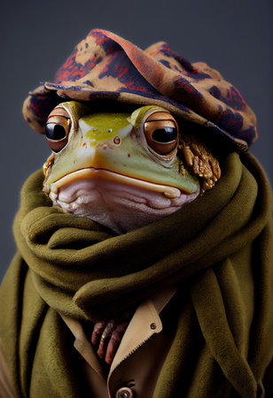 Portrait of a frog dressed in a beret and scarf. Generative AIの素材
