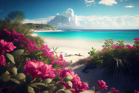 Bushes with tropical flowers growing on a sandy beach near ocean. Generative AIの素材