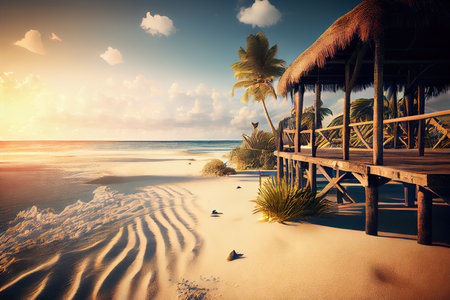 Tropical coastline and ocean view at sunset. Generative AIの素材