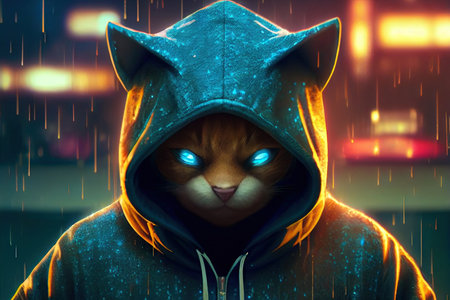 The mysterious cat hacker is wearing a hoodie. Generative AIの素材