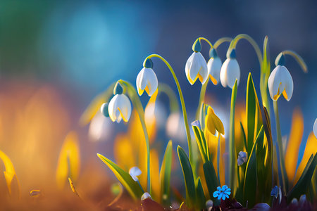 Beautiful bokeh meadow with snowdrops spring flowers stylized illustration. Generative AIの素材