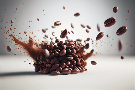 Flying coffee beans over white background. Generative AIの素材