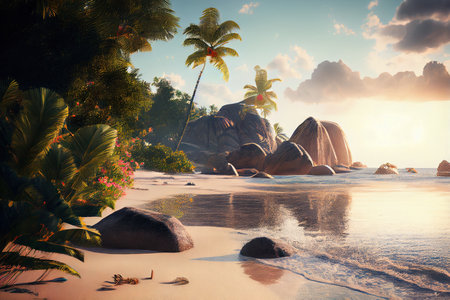 Tropical coastline and ocean view at sunset. Generative AIの素材