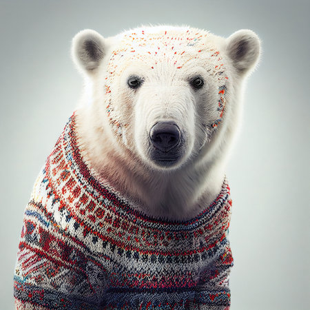 White polar bear wearing sweater with festive pattern. Generative AIの素材