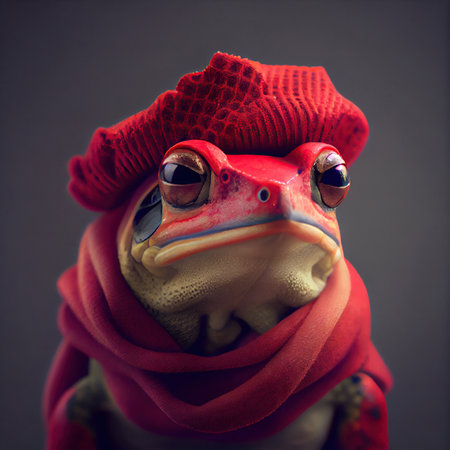 Portrait of a frog dressed in a beret and scarf. Generative AIの素材