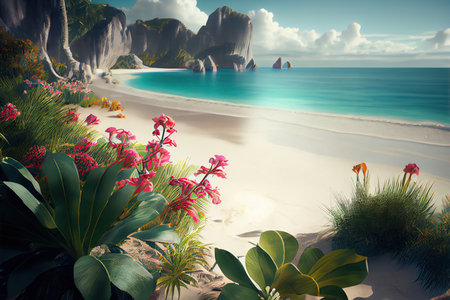 Bushes with tropical flowers growing on a sandy beach near ocean. Generative AIの素材