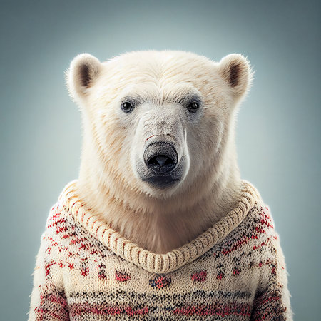 White polar bear wearing sweater with festive pattern. Generative AIの素材