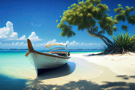 Boat lying on a sandy tropical beach near the ocean. Generative AIの素材