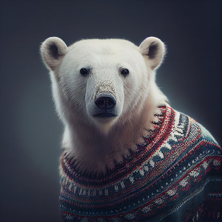 White polar bear wearing sweater with festive pattern. Generative AIの素材