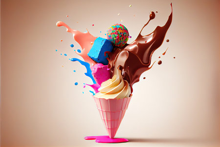 Flying splash of ice cream and miscellaneous sweets. Generative AIの素材