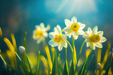 Beautiful bokeh meadow with daffodils spring flowers stylized illustration. Generative AIの素材