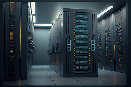 Dark data center room with computers and lights. Generative AIの素材