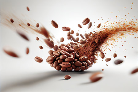 Flying coffee beans over white background. Generative AIの素材