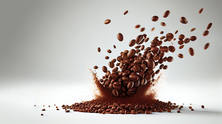 Flying coffee beans over white background. Generative AIの素材