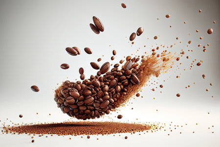 Flying coffee beans over white background. Generative AIの素材