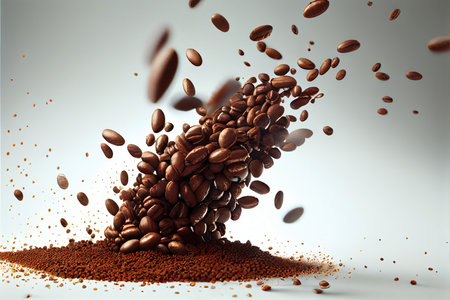 Flying coffee beans over white background. Generative AIの素材