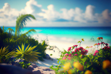 Bushes with tropical flowers growing on a sandy beach near ocean. Generative AIの素材