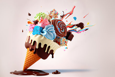 Flying splash of ice cream and miscellaneous sweets. Generative AIの素材
