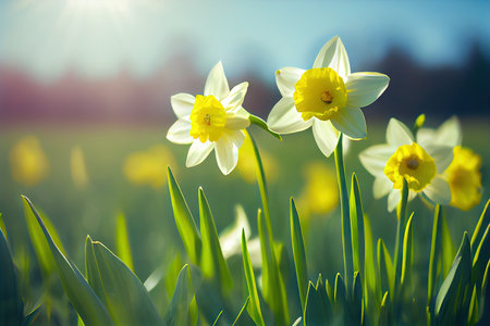 Beautiful bokeh meadow with daffodils spring flowers stylized illustration. Generative AIの素材