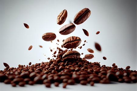 Flying coffee beans over white background. Generative AIの素材