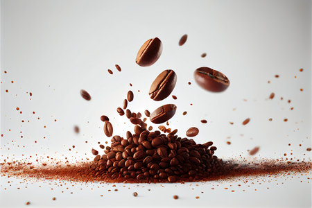 Flying coffee beans over white background. Generative AIの素材