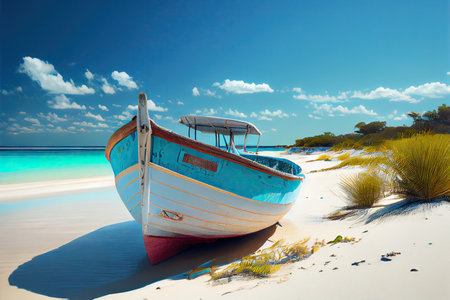 Boat lying on a sandy tropical beach near the ocean. Generative AIの素材