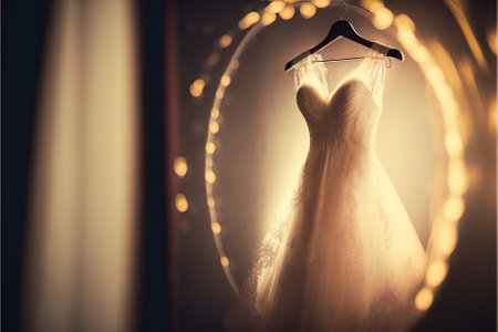 Elegant wedding dress , prom dress on hanger. Generative AIの素材