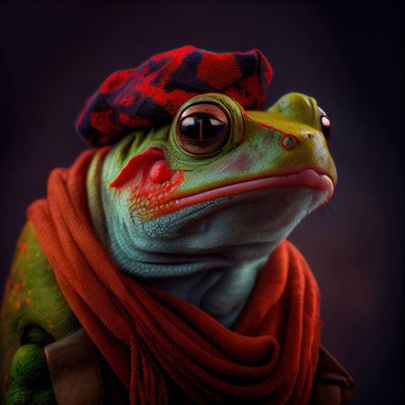Portrait of a frog dressed in a beret and scarf. Generative AIの素材