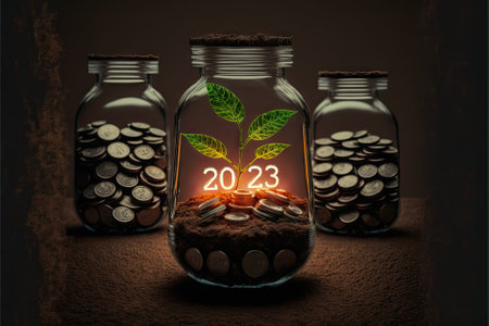 Jar with coins and seedling, concept of investment. Generative AIの素材