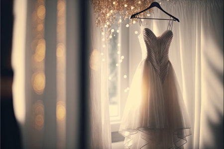 Elegant wedding dress , prom dress on hanger. Generative AIの素材