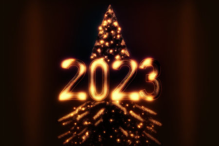 New Year 2023 celebration font. yellow electric style. Generative AIの素材