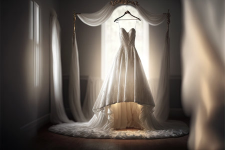 Elegant wedding dress , prom dress on hanger. Generative AIの素材