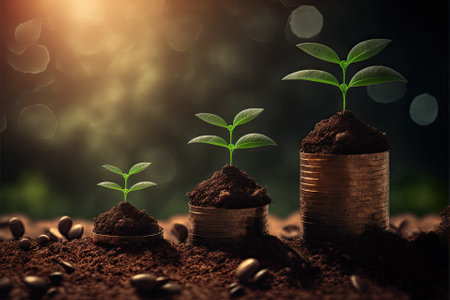 Seedlings growing on stack of coins. Generative AIの素材