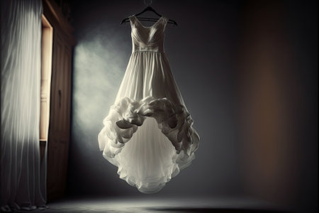 Elegant wedding dress , prom dress on hanger. Generative AIの素材