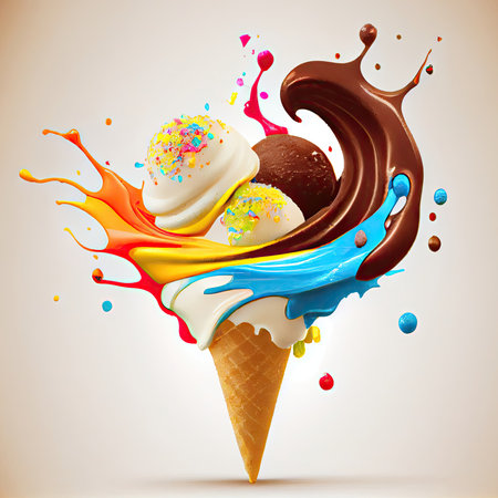 Flying splash of ice cream and miscellaneous sweets. Generative AIの素材