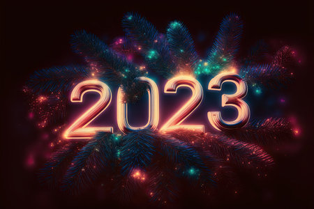 New Year 2023 celebration font. yellow electric style. Generative AIの素材