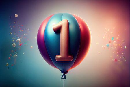 Inflatable balloon with number 1 is flying on blurred background. birthday celebration. Generative AI.の素材