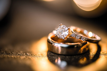 Pair of elegant wedding engagement ring macro image. Generative AIの素材