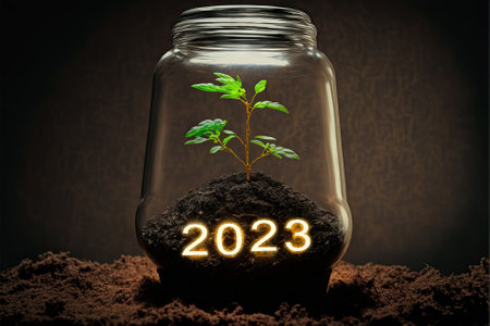 Jar with seedling, concept of investment 2023. Generative AIの素材