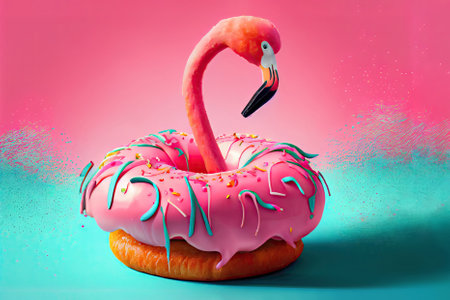 Flamingo donut funny illustration. Generative AIの素材