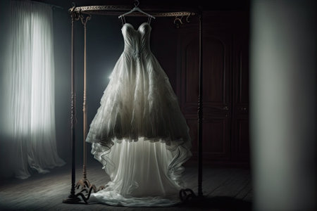 Elegant wedding dress , prom dress on hanger. Generative AIの素材