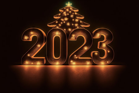 New Year 2023 celebration font. yellow electric style. Generative AIの素材