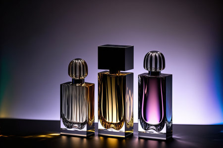 Collection of transparent multi color glass perfume bottles on a light background. Art composition still life. Stylish perfume banner. Generative AI.の素材