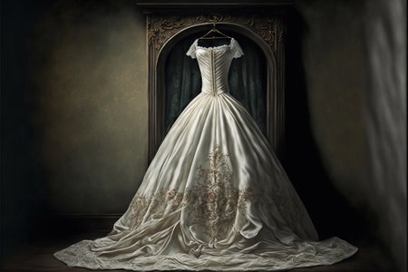 Elegant wedding dress , prom dress on hanger. Generative AIの素材