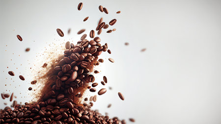 Flying coffee beans over white background. Generative AIの素材
