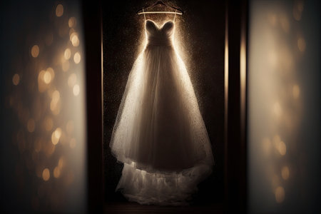 Elegant wedding dress , prom dress on hanger. Generative AIの素材