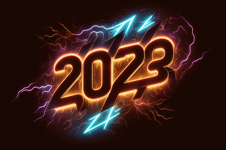 New Year 2023 celebration font. Thunder electric style. Generative AIの素材