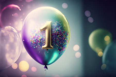 Inflatable balloon with number 1 is flying on blurred background. birthday celebration. Generative AI.の素材