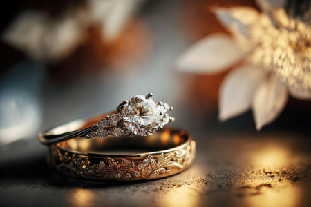 Pair of elegant wedding engagement ring macro image. Generative AIの素材