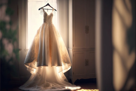Elegant wedding dress , prom dress on hanger. Generative AIの素材
